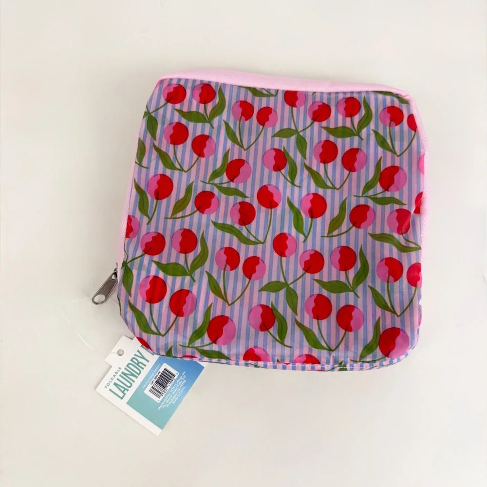 Foldable Zip Pouch Travel Cherry Blue Pinstripes Wash Me Laundry Bag New NWT